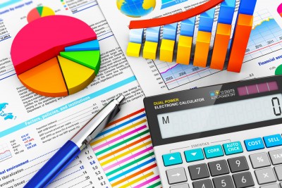 a collage of a financial graphs, charts, and a calculator