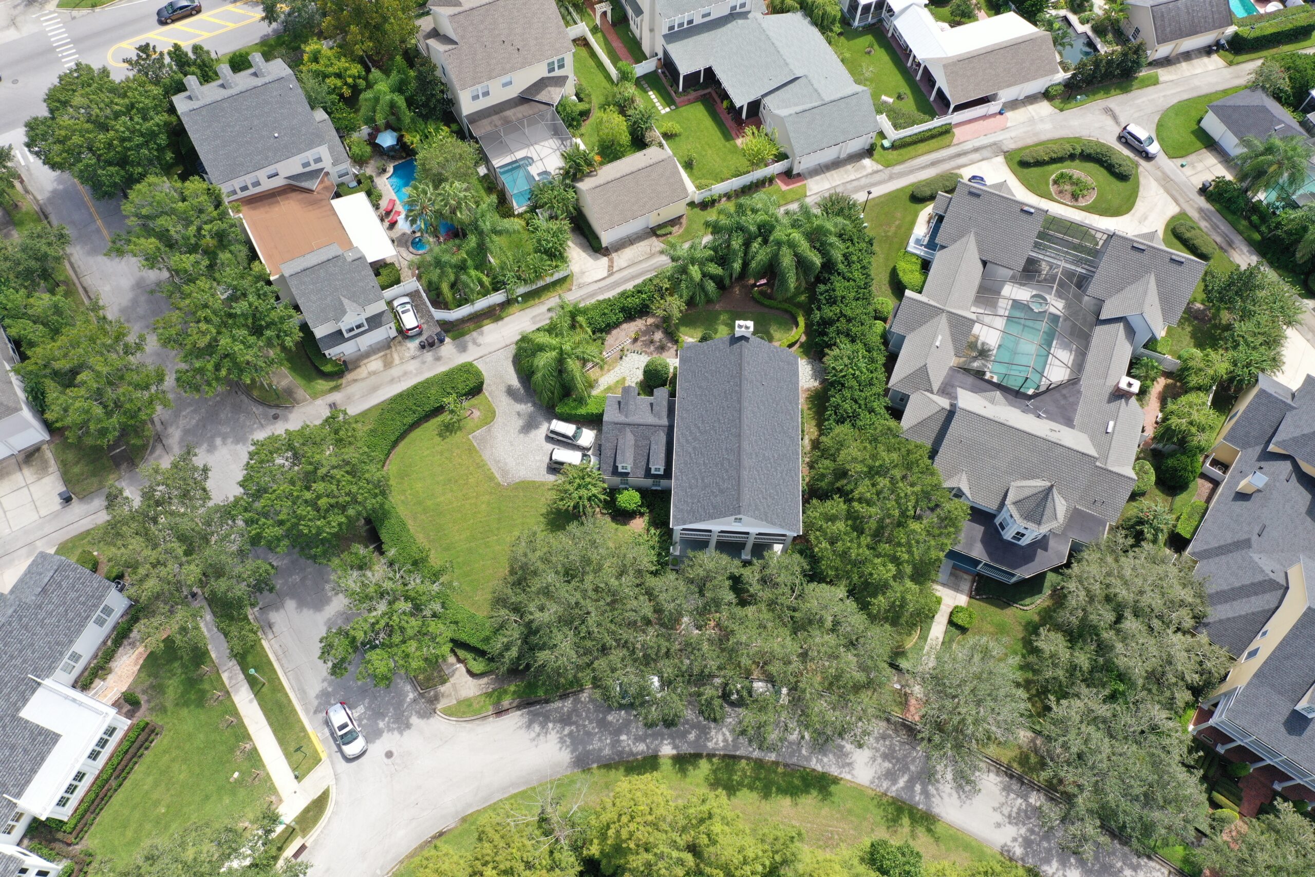 A top view of houses with gray roofs